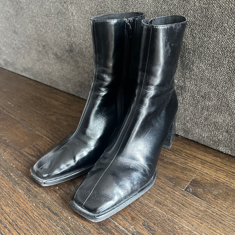 Jeffrey Campbell Square Toe Black Ankle Heeled Boots